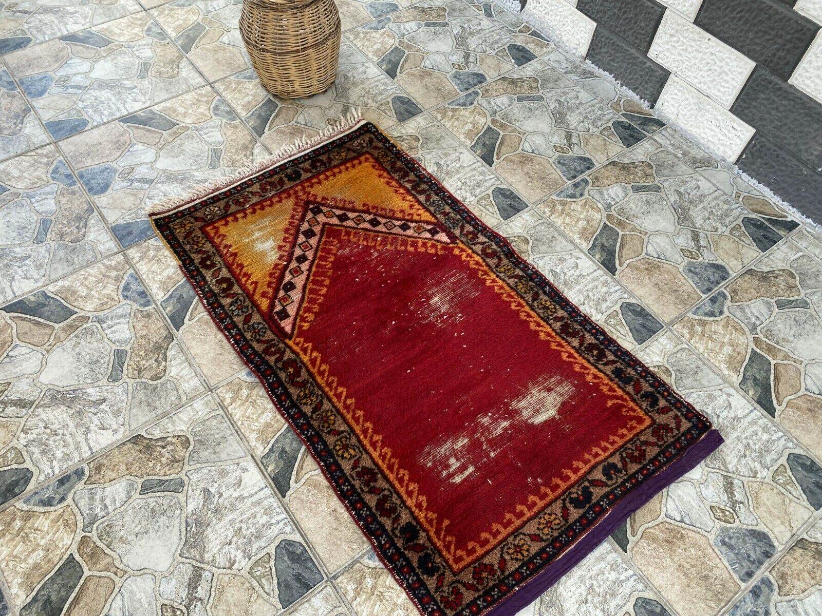 Vintage Turkish Prayer Rug, Wool Hand-Knotted Oushak Antique Farmhouse Rug 2x3