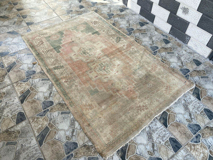 3x5 VINTAGE RUG HAND-KNOTTED Turkish Oriental Handmade Wool Beige Antique Rug