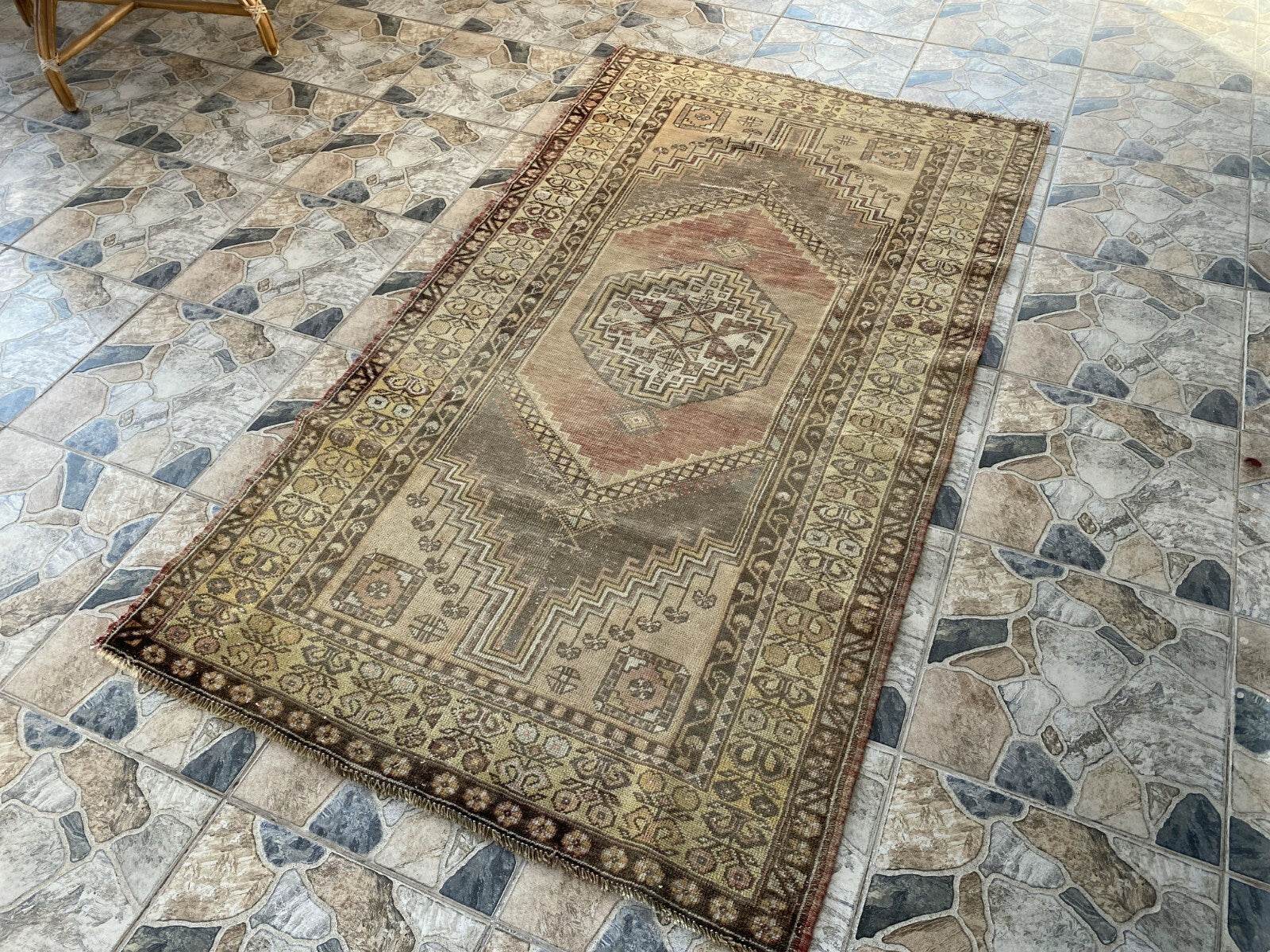 Vintage Turkish Oushak Rug, 4 x 7 ft Red Handmade Wool Antique Tribal Area Rug