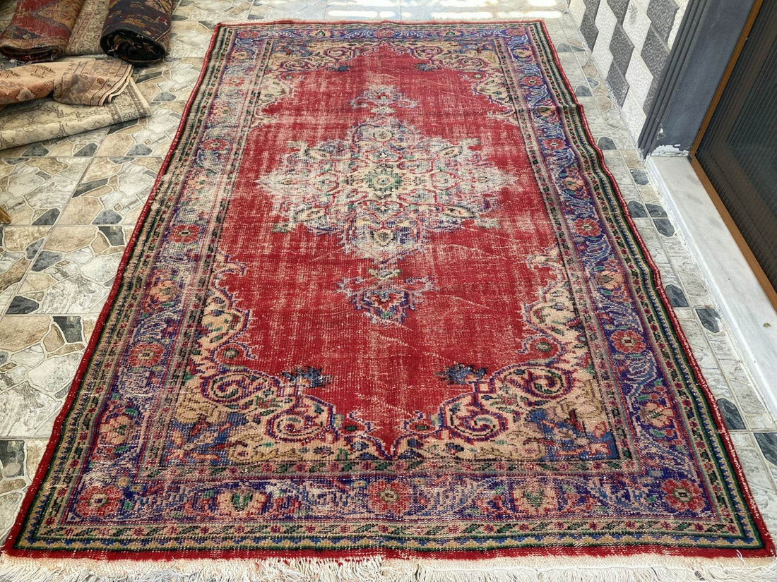 Vintage Anatolian Area Rug | 6.1 x 9.8 ft Hand-Knotted Wool Faded Rustic Carpet