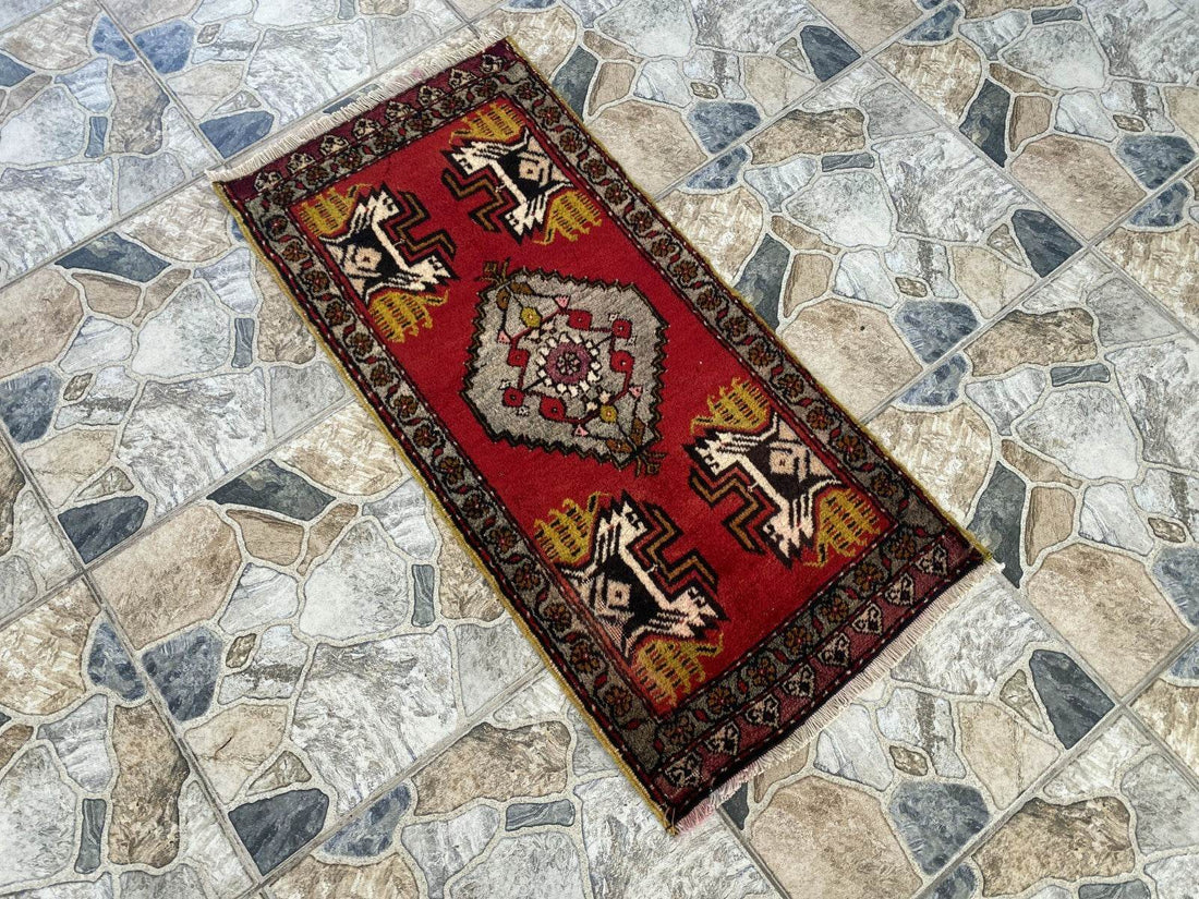 Vintage Rug | Small AntiqueWool Farmhouse Anatolian Handmade Turkish 1.7x3.5ft