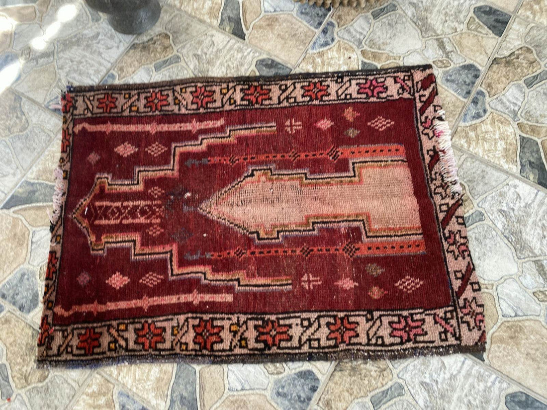 Distressed 2x3 ft Anatolian Rug | Vintage Authentic Hand-Knotted Wool Prayer Rug