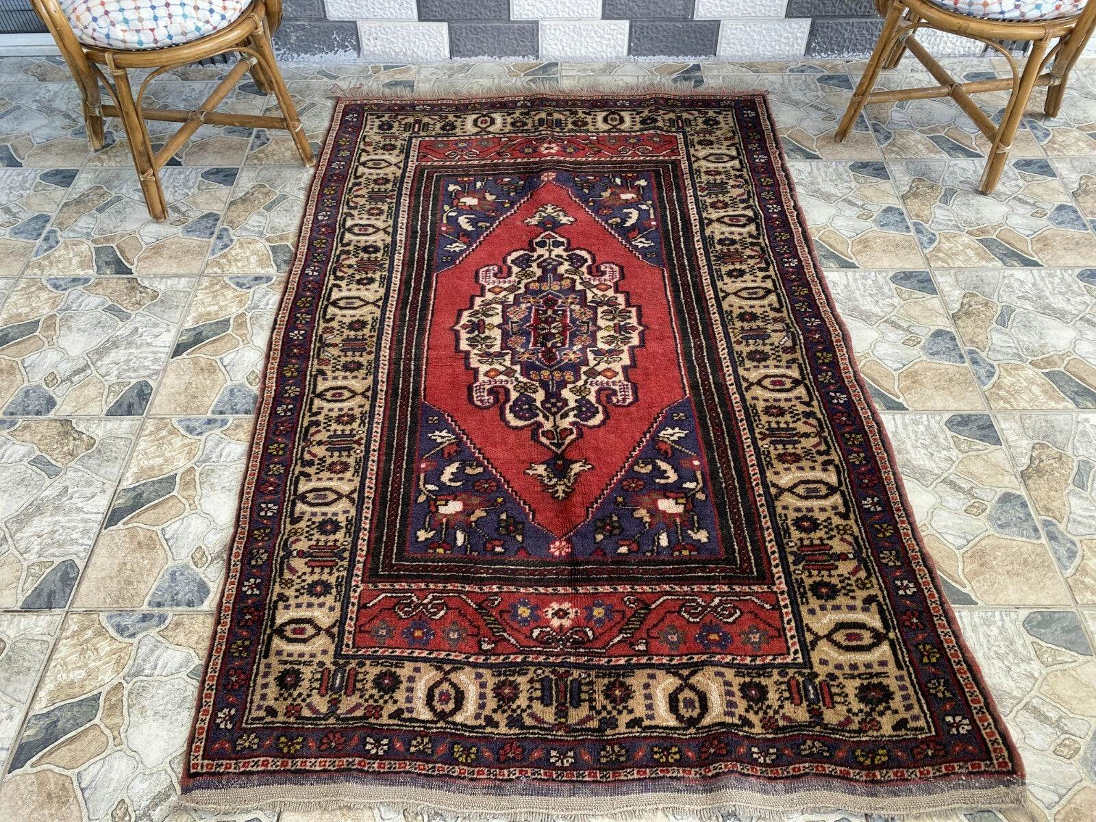 Vintage Turkish Rug | 4.3 x 6.5 ft | Handmade Geometric Anatolian Wool Area Rug