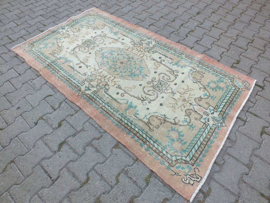 Vintage Oushak Farmhouse Rug, Turkish Anatolian Handknotted Wool Area 3.9x7.3 ft