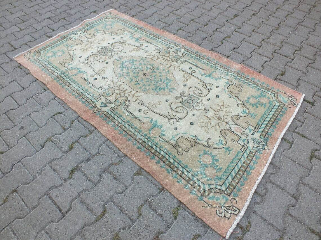 Vintage Oushak Farmhouse Rug, Turkish Anatolian Handknotted Wool Area 3.9x7.3 ft