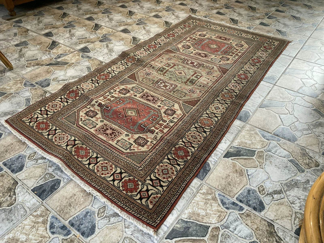 Vintage Turkish Wool Rug Hand-Knotted Antique Geometric Kayseri Tribal Area 3x6