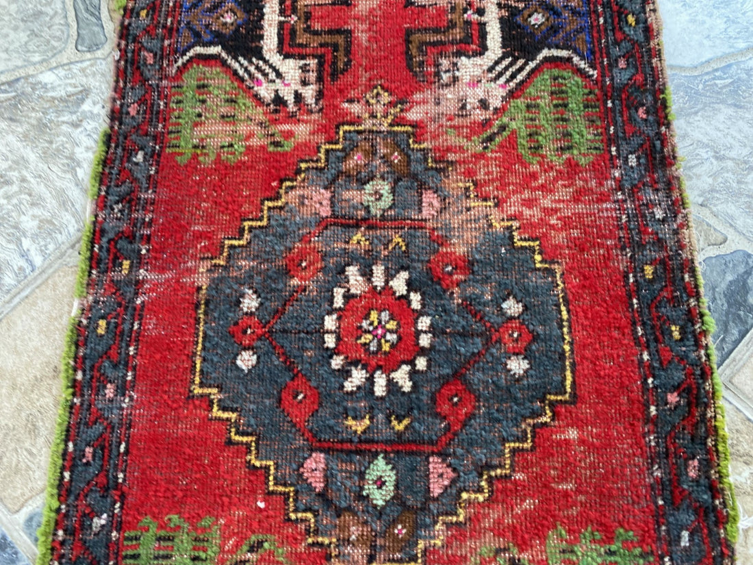 Vintage Turkish Small Rug | 1.6 x 3.3 ft Hand-Knotted Wool | Red Geometric Mat
