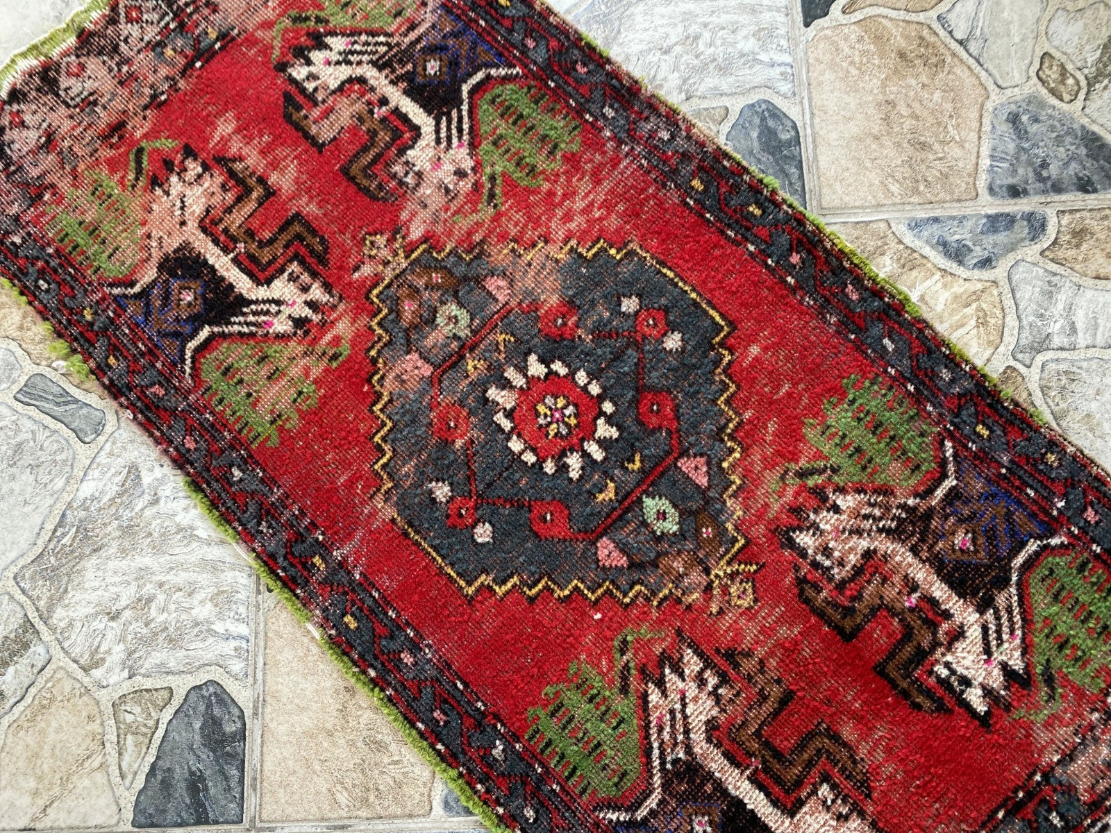 Vintage Turkish Small Rug | 1.6 x 3.3 ft Hand-Knotted Wool | Red Geometric Mat