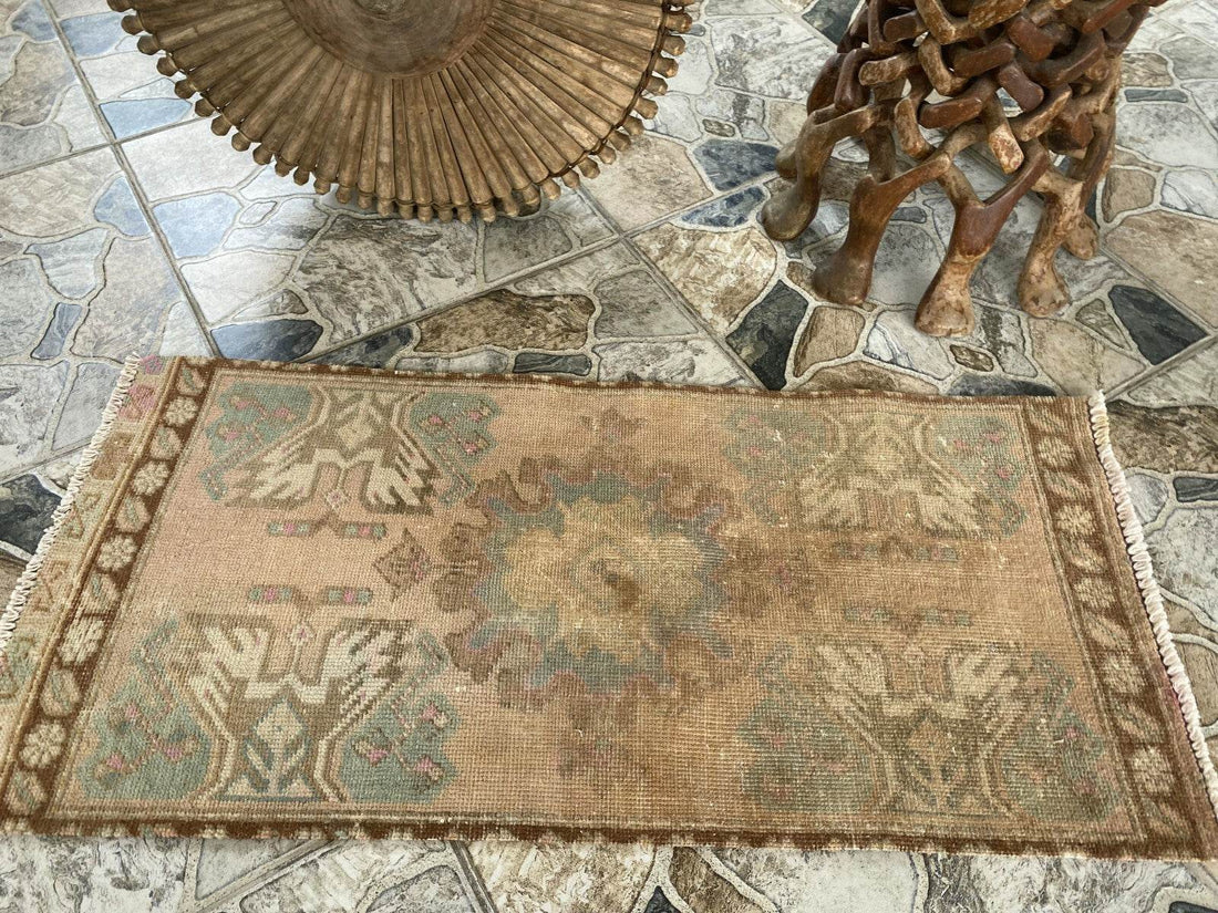 Distressed Vintage Turkish Rug Faded Pastel Wool Boho Accent Mat Runner 1x3 ft