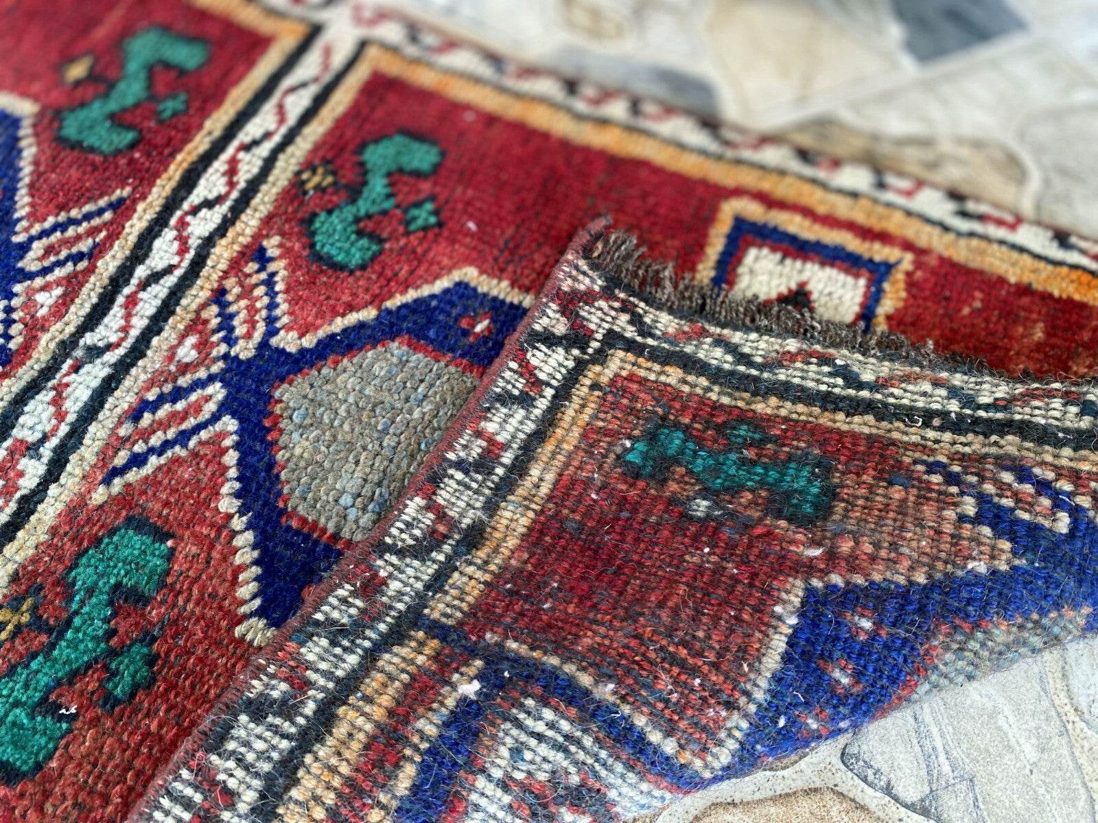 Vintage Turkish Tribal Rug | 1.6 x 3.4 ft | Handmade Wool Anatolian Small Carpet