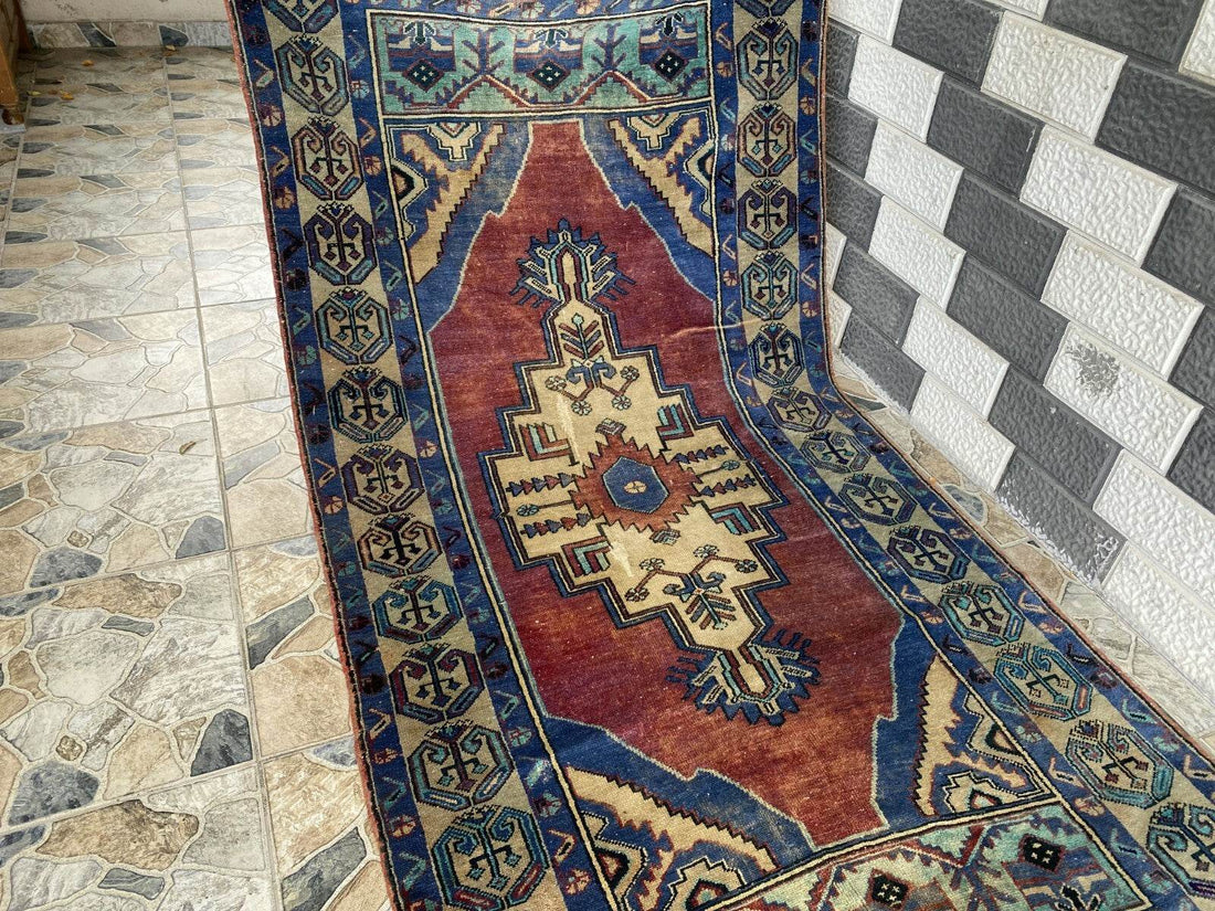 Pre 1950's Vintage Turkish Rug | Antique Tribal Handmade Wool Carpet 3.9x7.1 ft