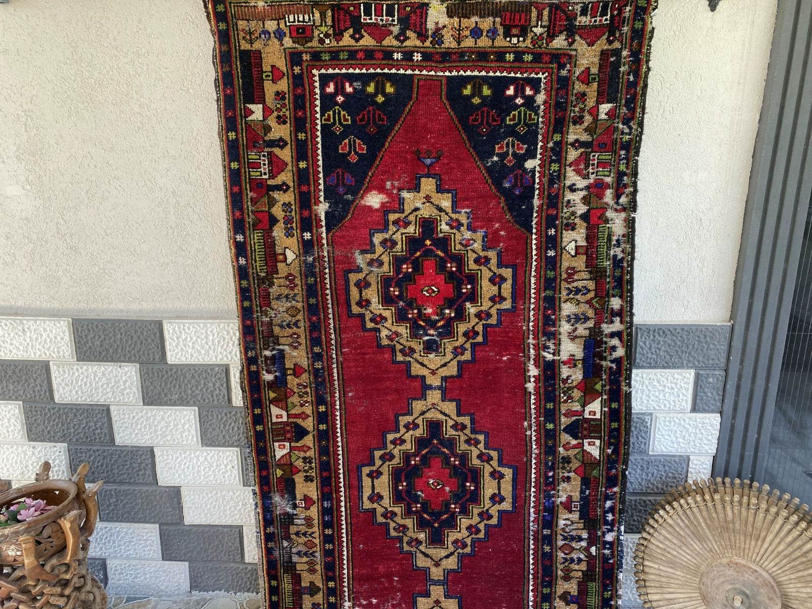 Vintage Turkish Tribal Rug | 3 x 9 ft Farmhouse Hand-Knotted Wool Geometric Rug