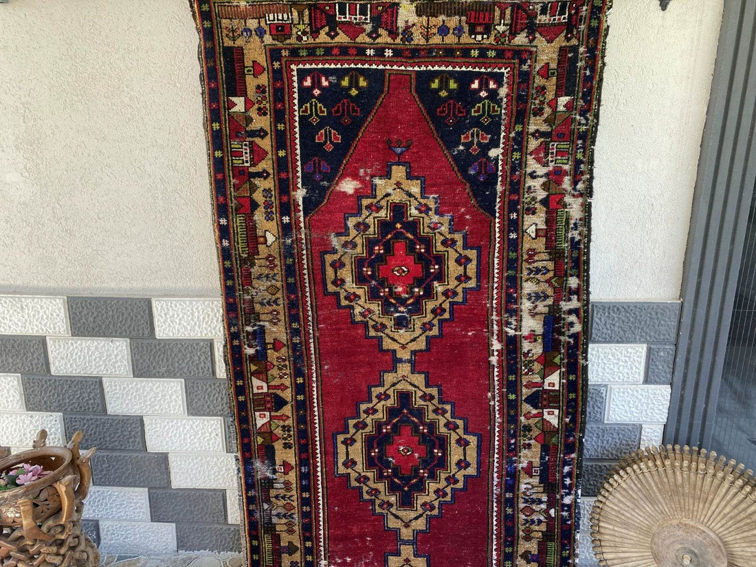 Vintage Turkish Tribal Rug | 3 x 9 ft Farmhouse Hand-Knotted Wool Geometric Rug
