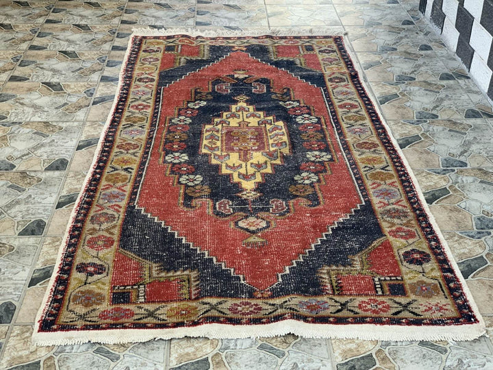Vintage Oushak Geometric Rug, Handmade Turkish Anatolian Wool Carpet 4.2x8.6