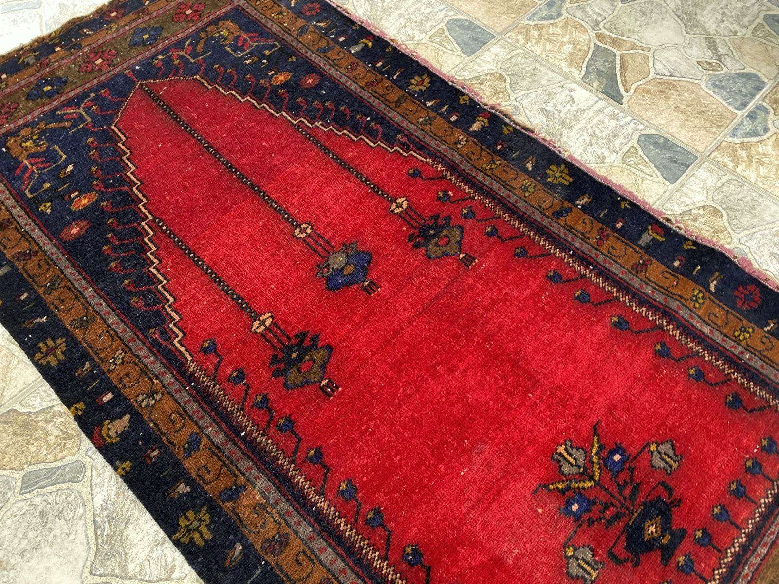 Vintage Hand-Knotted Wool Rug 2.6 x 5.2 ft Nomadic Faded Anatolian Prayer Carpet