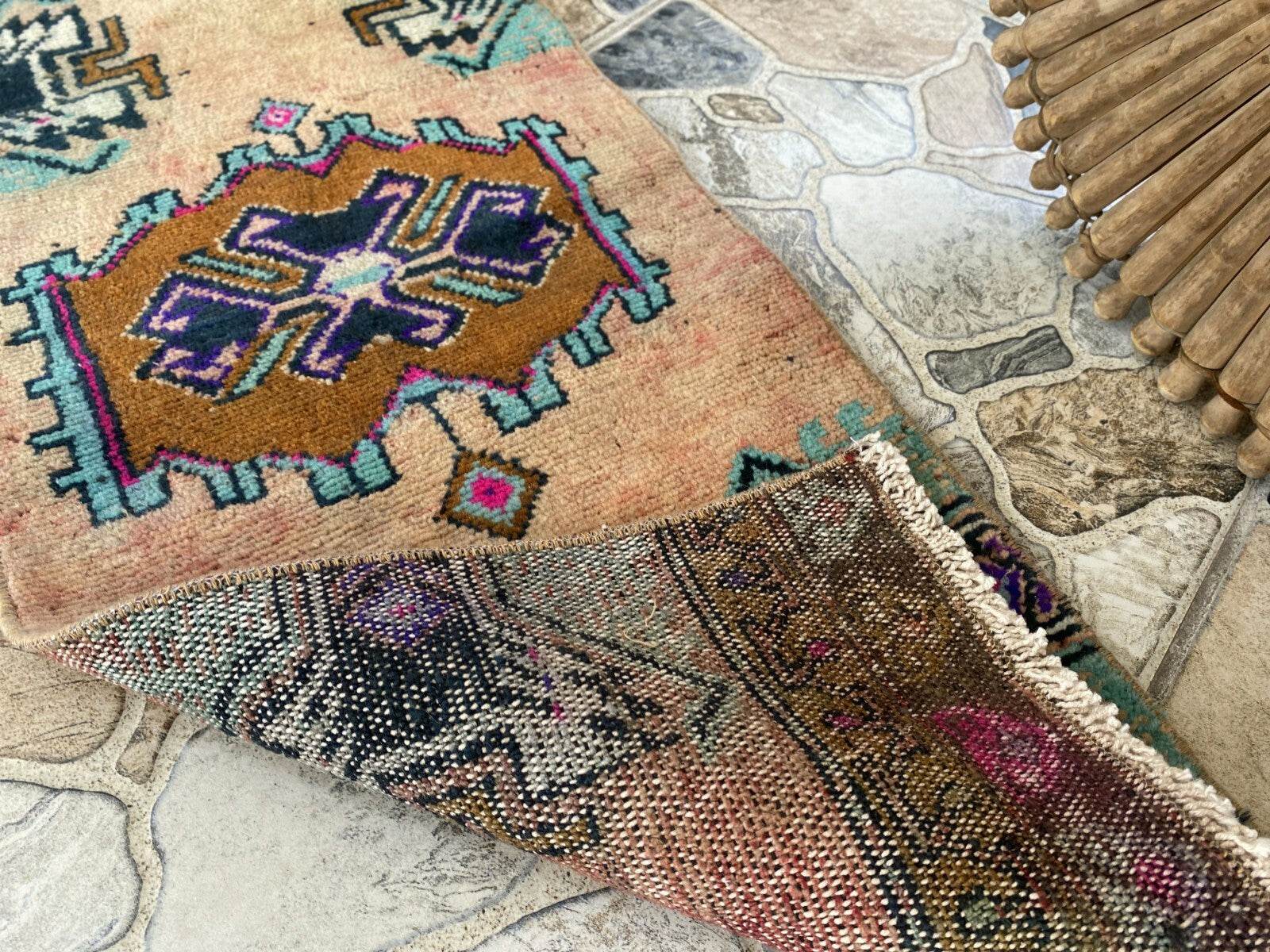 Vintage Turkish Rug 1.2x3 ft Tribal Medallion Hand-Knotted Wool Small 1970s Rug