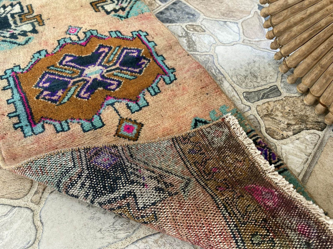 Vintage Turkish Rug 1.2x3 ft Tribal Medallion Hand-Knotted Wool Small 1970s Rug