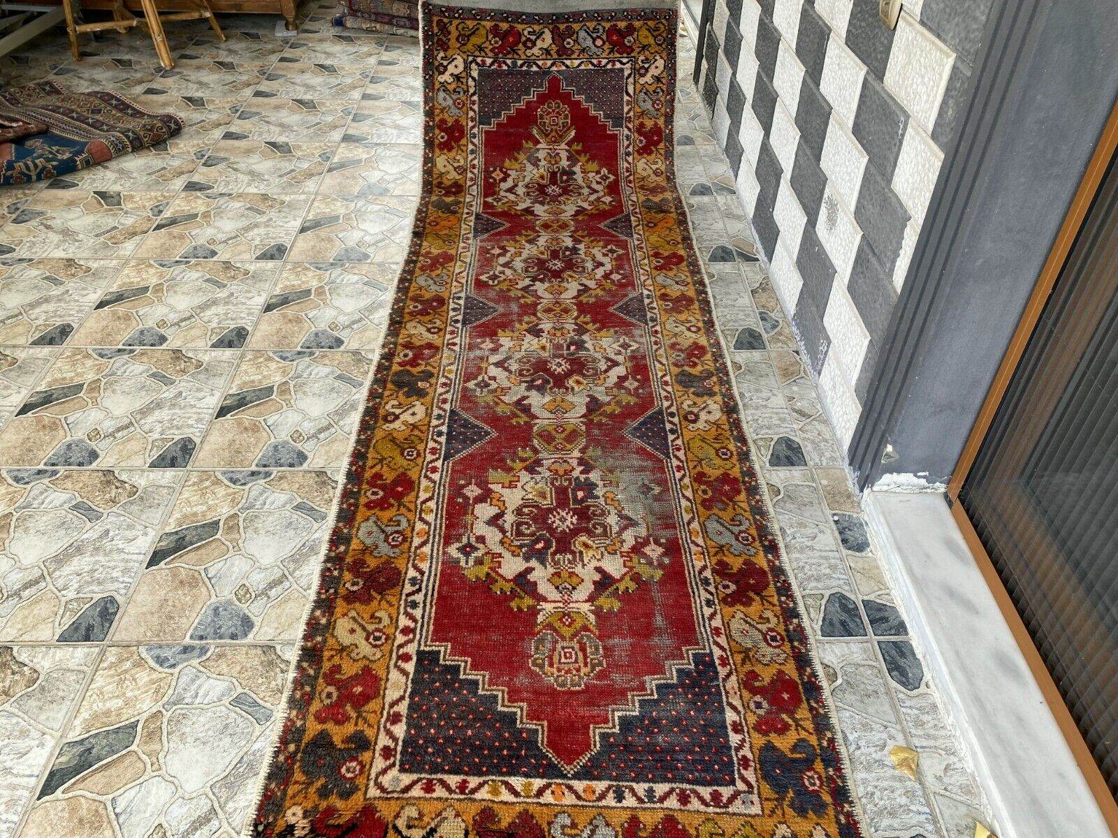 Vintage Turkish Wool Rug - Handmade Antique Red Oushak Kurdish Runner Rug 3x9 ft