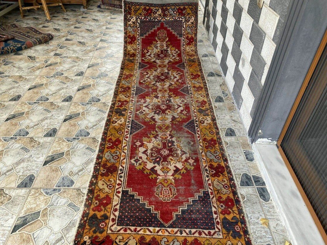 Vintage Turkish Wool Rug - Handmade Antique Red Oushak Kurdish Runner Rug 3x9 ft