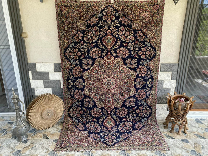 Vintage Persian Area Rug | 5 x 8 ft Hand-Knotted Wool Blue Tribal Medallion Rug