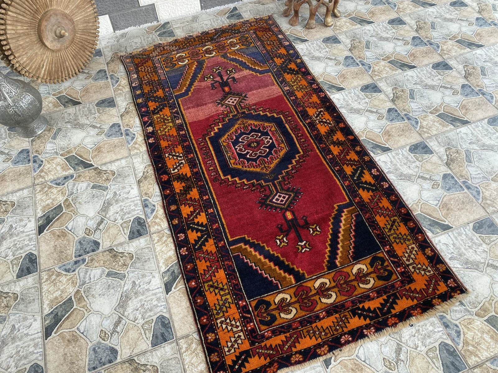Geometric Turkish Vintage Rug, Farmhouse Handmade Anatolian Village Rug 3x6 ft