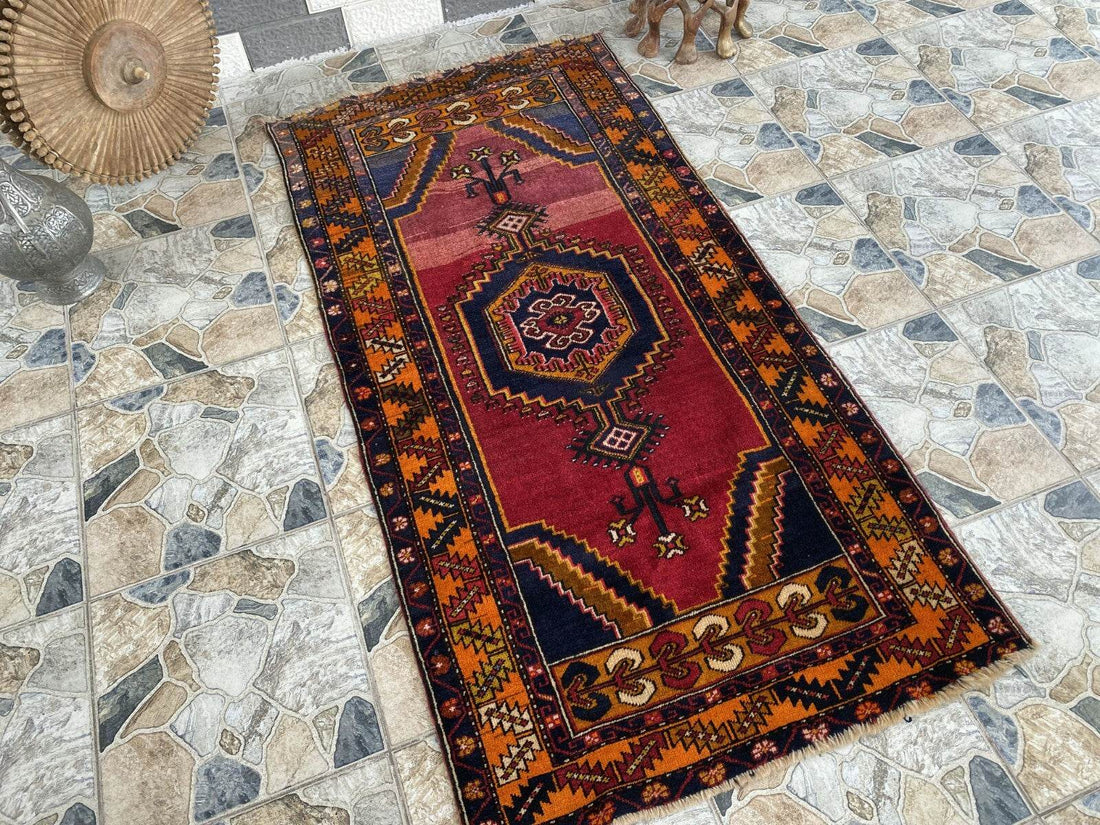 Geometric Turkish Vintage Rug, Farmhouse Handmade Anatolian Village Rug 3x6 ft