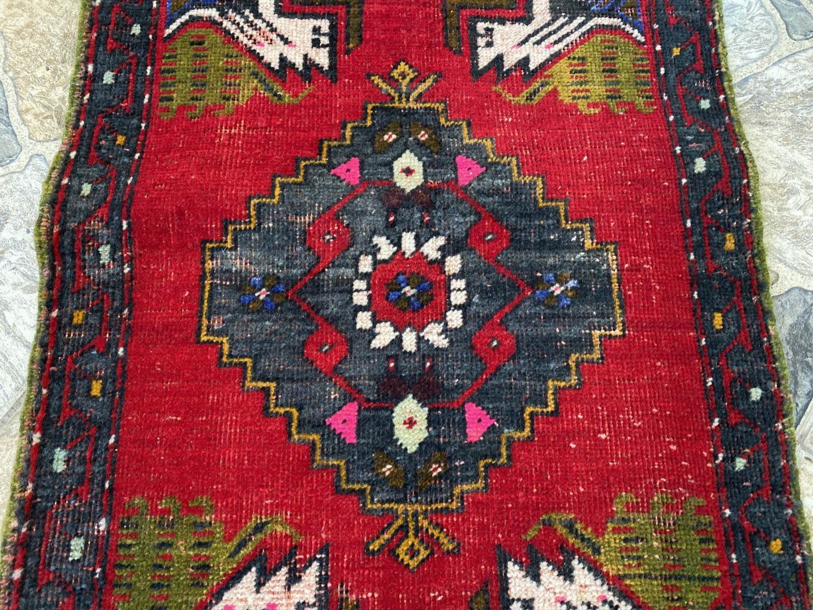 Vintage Turkish Wool Rug, Hand-Knotted Antique Geometric Oushak Small Runner 1x3