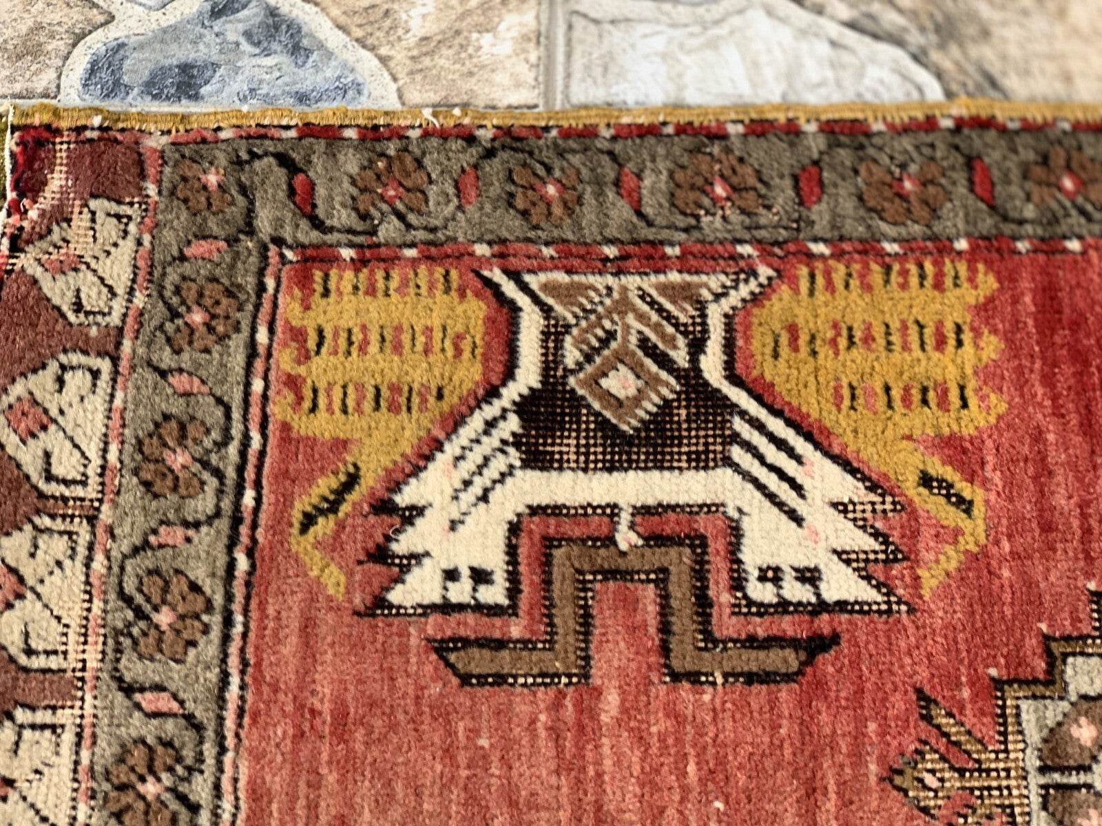 Turkish Vintage Small Oushak Rug, Wool Farmhouse Handmade Geometric Rug, 1.7x3.4