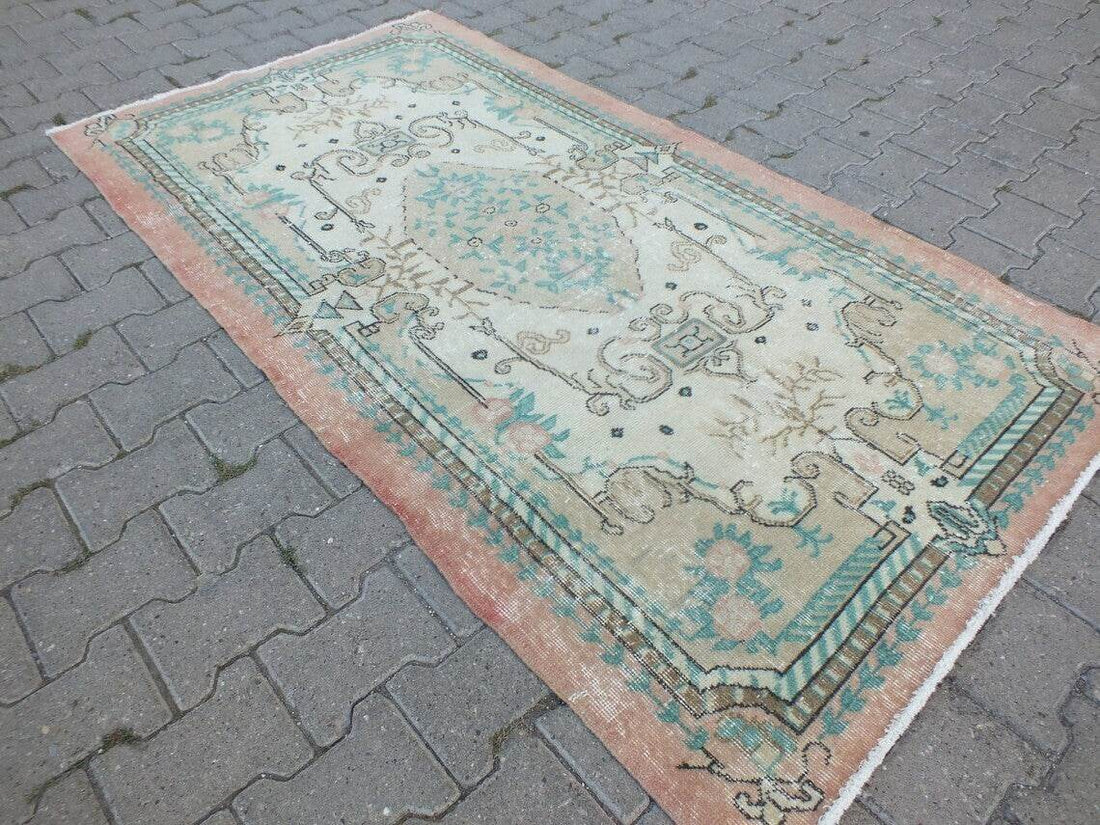 Vintage Oushak Farmhouse Rug, Turkish Anatolian Handknotted Wool Area 3.9x7.3 ft