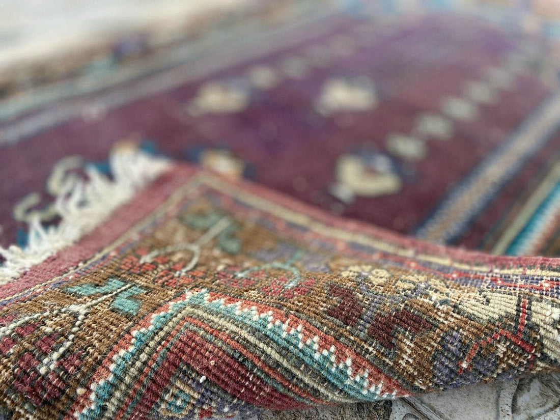 Vintage Turkish Handmade Wool Prayer Rug | Geometric Anatolian Oushak Carpet 2x4