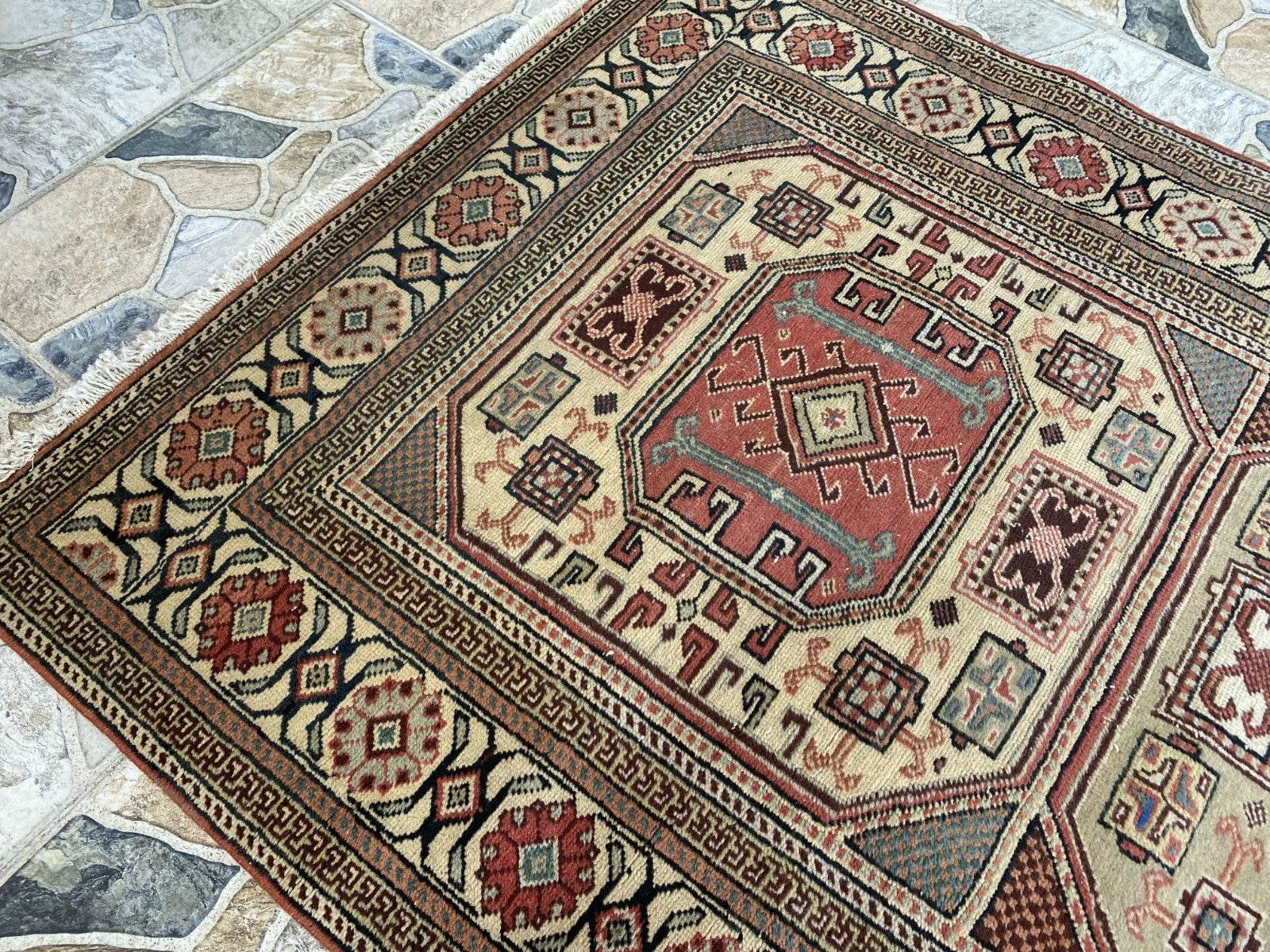 Vintage Turkish Wool Rug Hand-Knotted Antique Geometric Kayseri Tribal Area 3x6