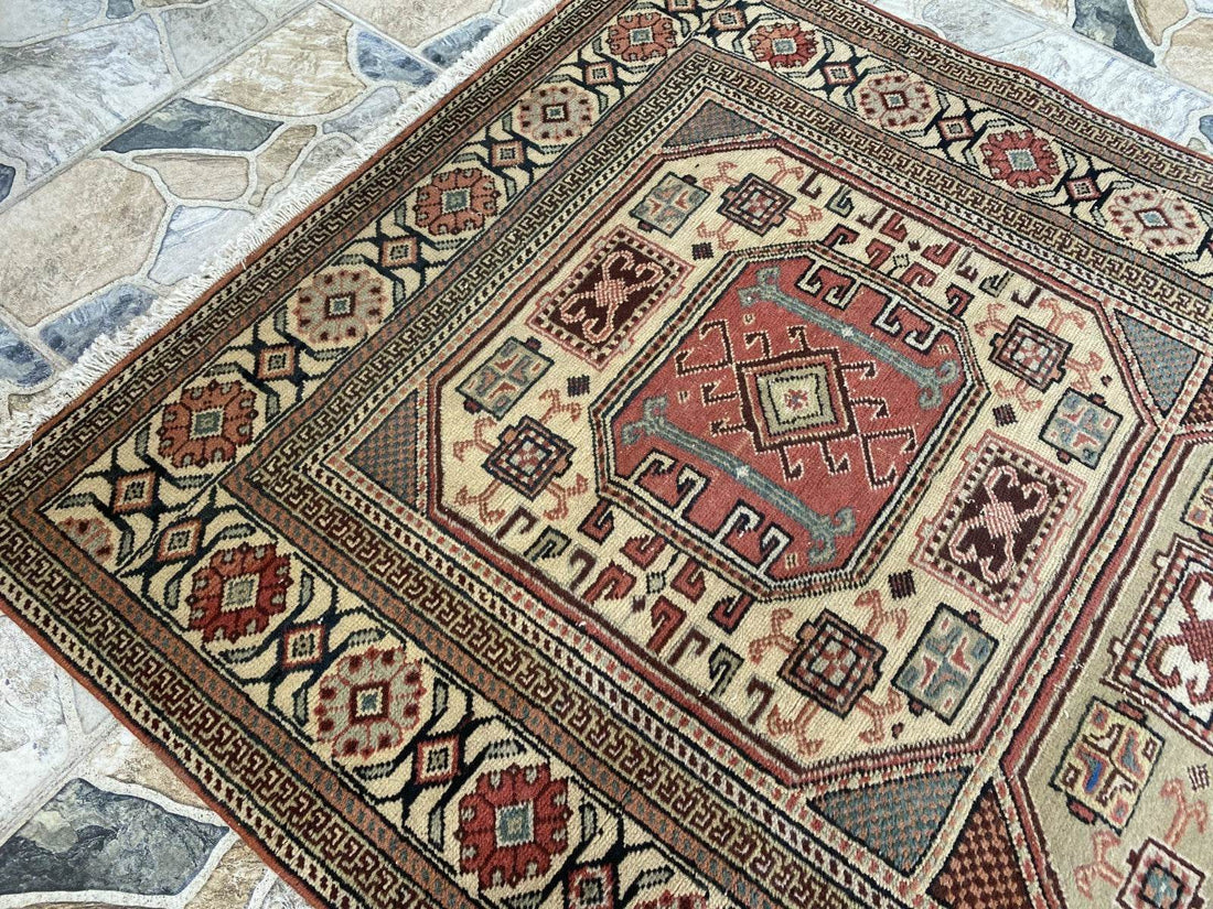 Vintage Turkish Wool Rug Hand-Knotted Antique Geometric Kayseri Tribal Area 3x6