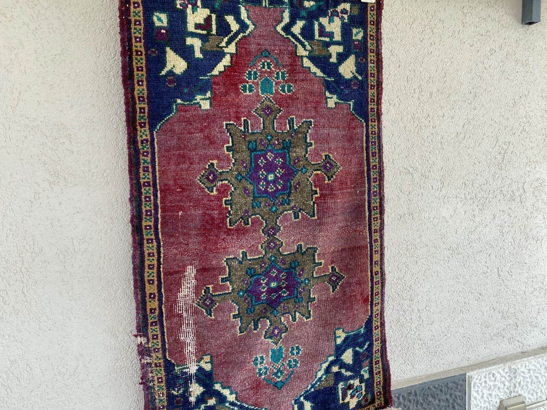 Vintage Turkish Oushak Rug, 1x3 ft Terracotta Handmade Wool Antique Tribal Small