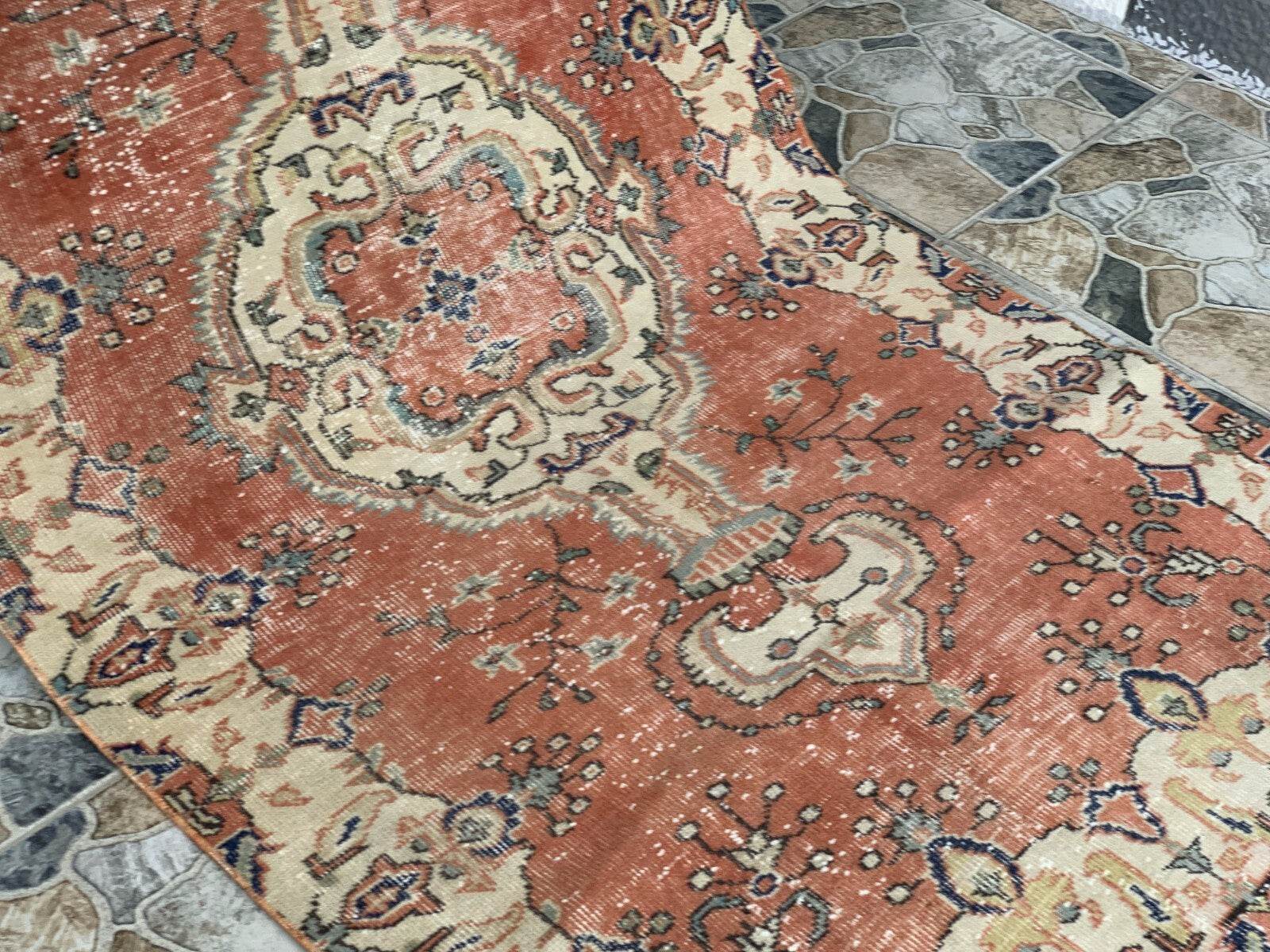 Vintage Rug, Turkish Oushak Wool Handmade Farmhouse Geometric Area Rug 3.6x6.8ft