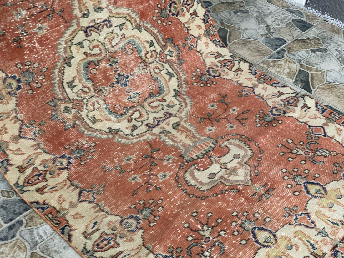 Vintage Rug, Turkish Oushak Wool Handmade Farmhouse Geometric Area Rug 3.6x6.8ft