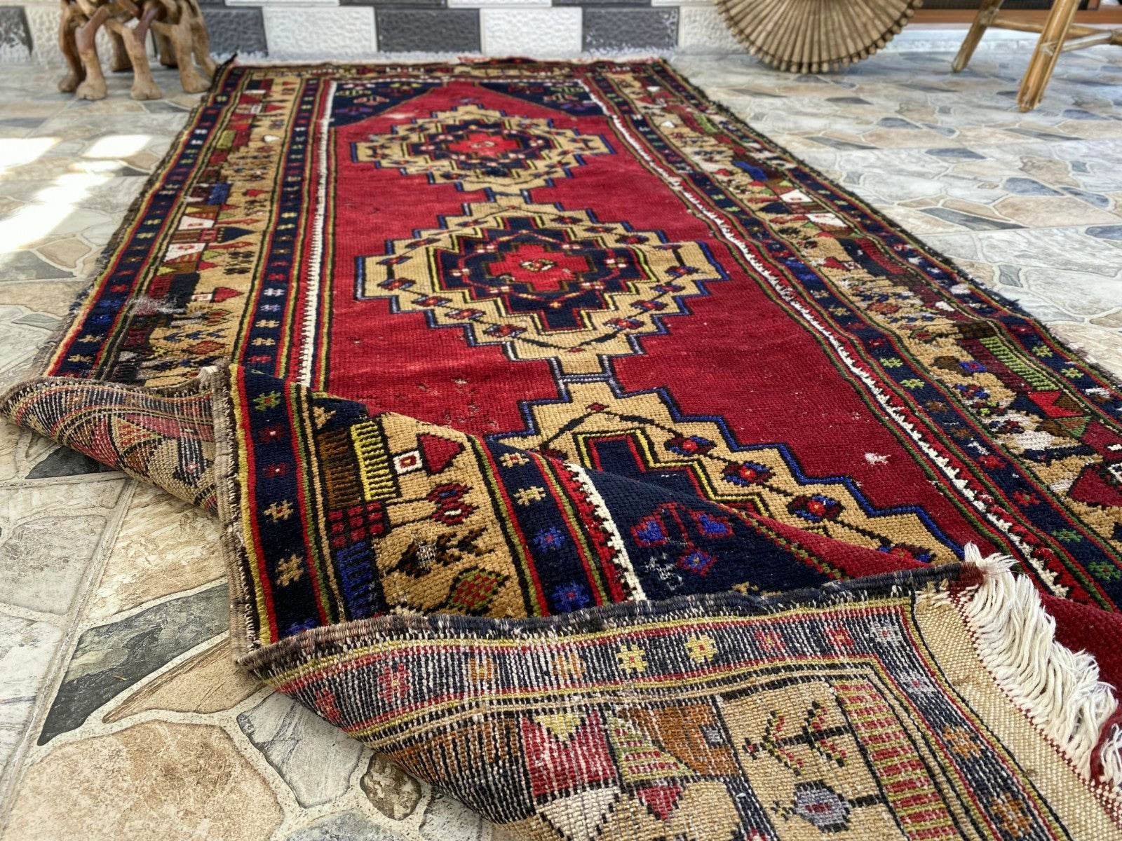 Vintage Turkish Tribal Rug | 3 x 9 ft Farmhouse Hand-Knotted Wool Geometric Rug
