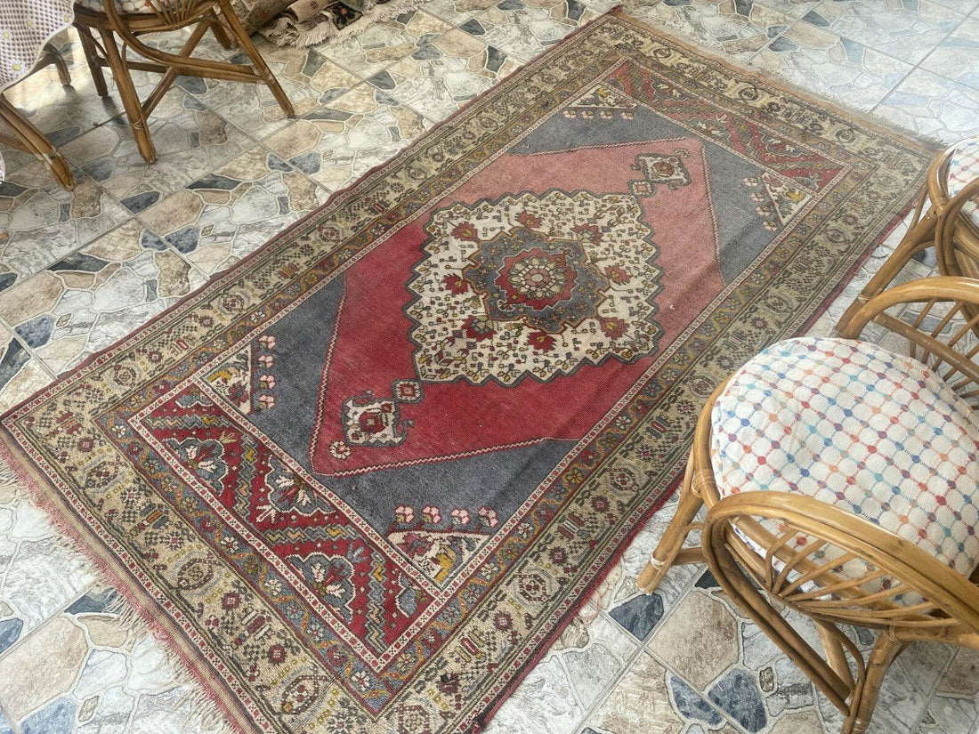 Vintage Turkish Rug | Tribal Hand-Knotted Wool Farmhouse Antique Carpet 4.16 x 7.93 ft