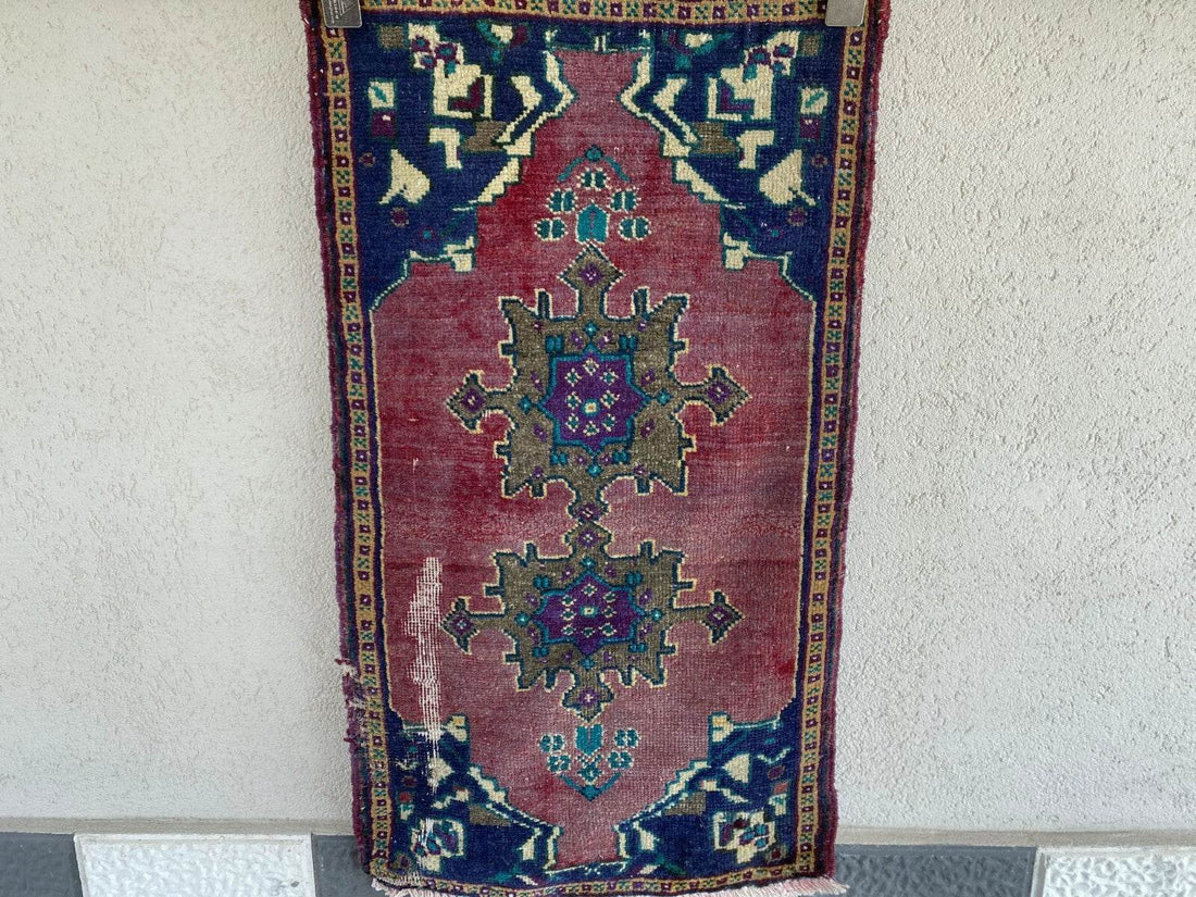 Vintage Turkish Oushak Rug, 1x3 ft Terracotta Handmade Wool Antique Tribal Small