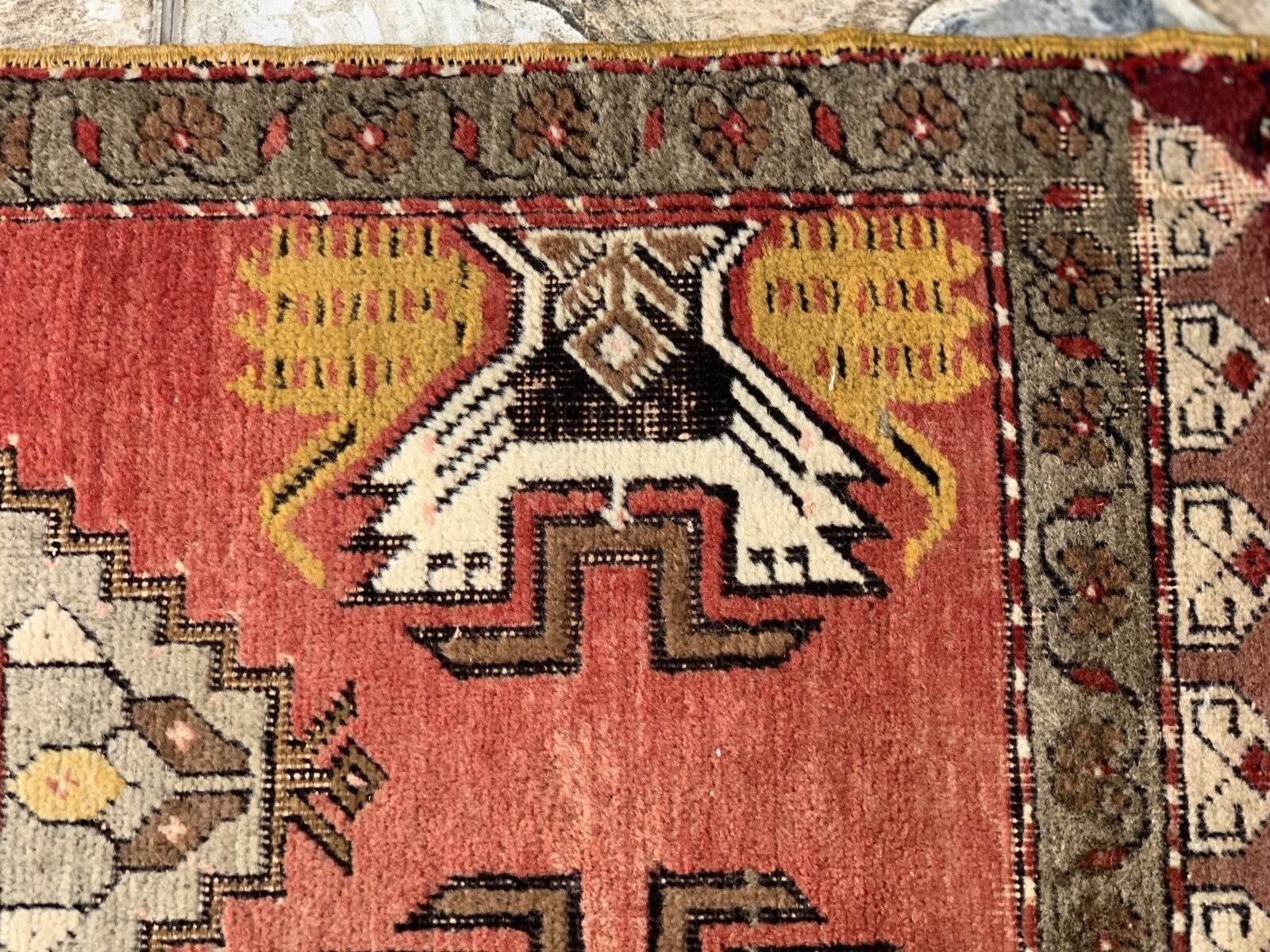 Turkish Vintage Small Oushak Rug, Wool Farmhouse Handmade Geometric Rug, 1.7x3.4