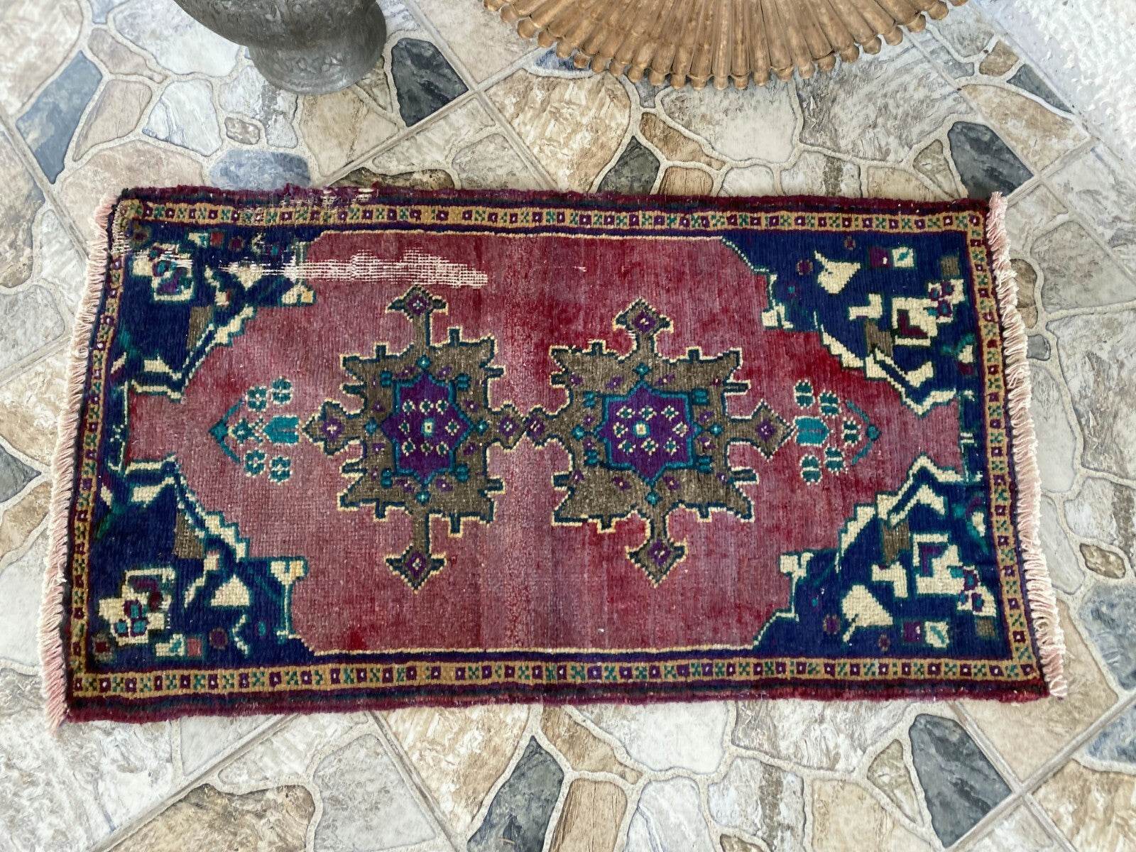 Vintage Turkish Oushak Rug, 1x3 ft Terracotta Handmade Wool Antique Tribal Small