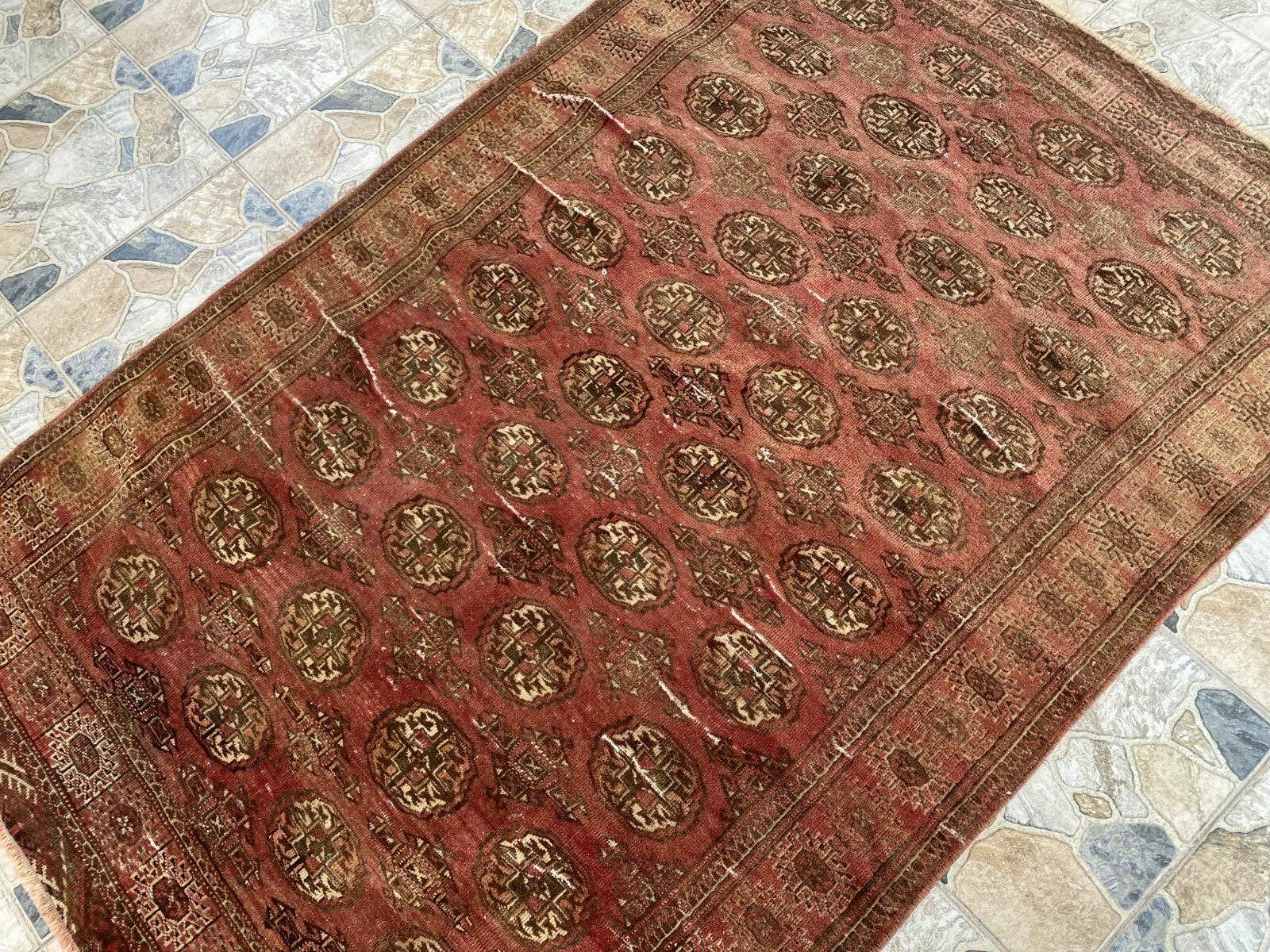 VINTAGE RUG HAND-KNOTTED Afghan Style BUKHARA handmade wool RED antique farmhouse rug