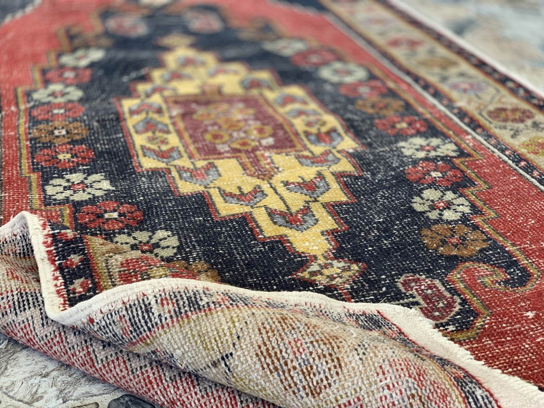 Vintage Oushak Geometric Rug, Handmade Turkish Anatolian Wool Carpet 4.2x8.6