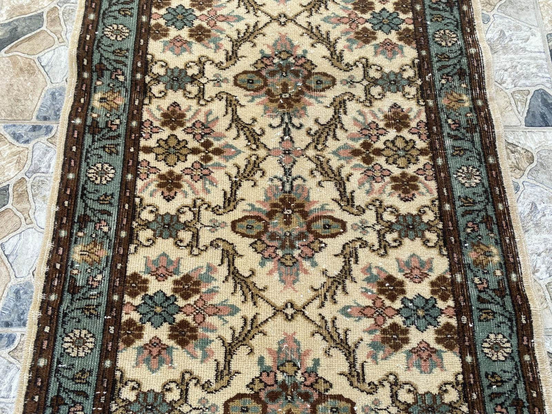 Vintage Anatolian Area Rug, 3.3x6.3 ft Hand-Knotted Wool Faded Rustic Geometric