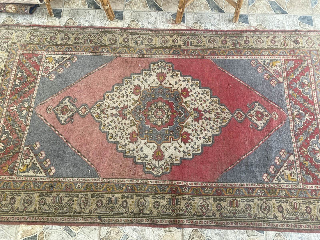Vintage Turkish Rug | Tribal Hand-Knotted Wool Farmhouse Antique Carpet 4.16 x 7.93 ft