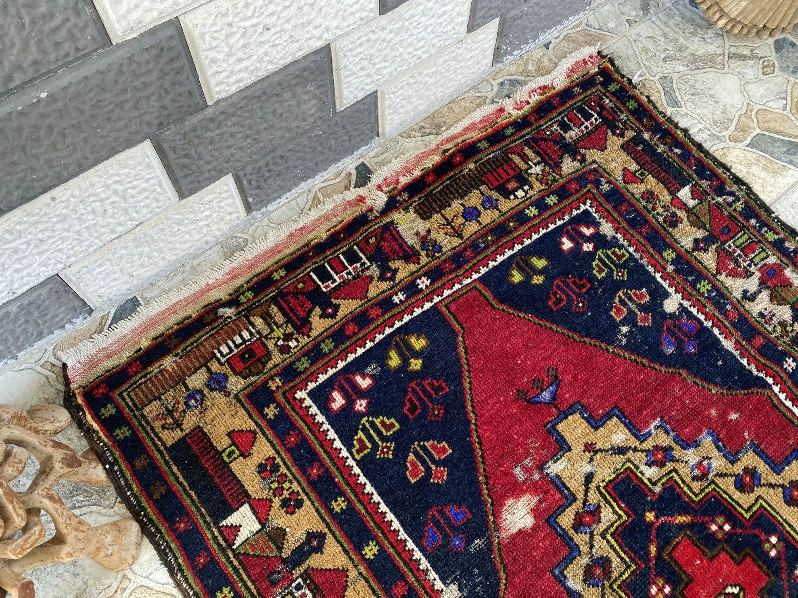 Vintage Turkish Tribal Rug | 3 x 9 ft Farmhouse Hand-Knotted Wool Geometric Rug