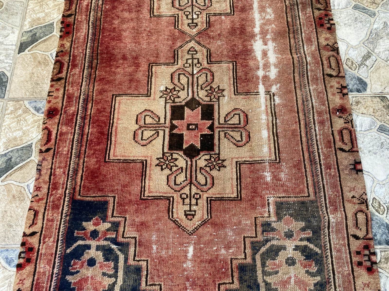 Vintage Anatolian Area Rug | 3.0x6.7 ft Hand-Knotted Wool Faded Rustic Geometric