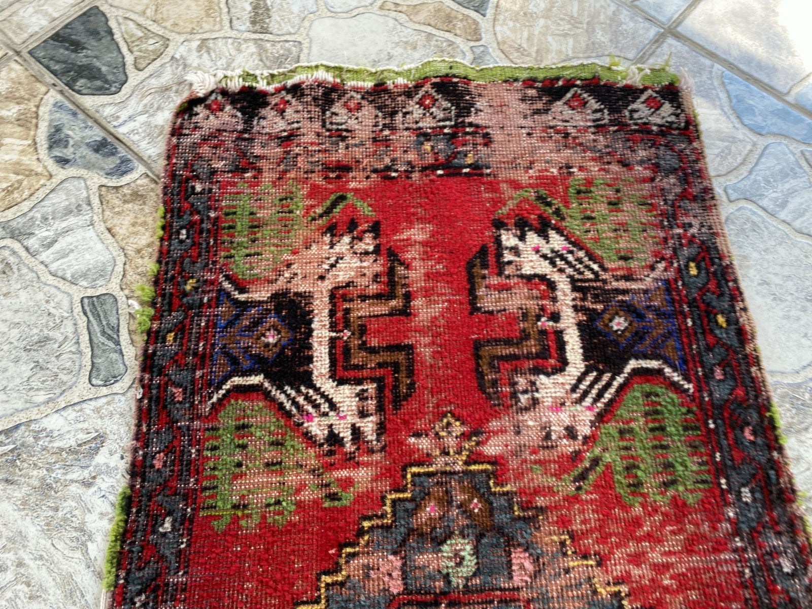 Vintage Turkish Small Rug | 1.6 x 3.3 ft Hand-Knotted Wool | Red Geometric Mat
