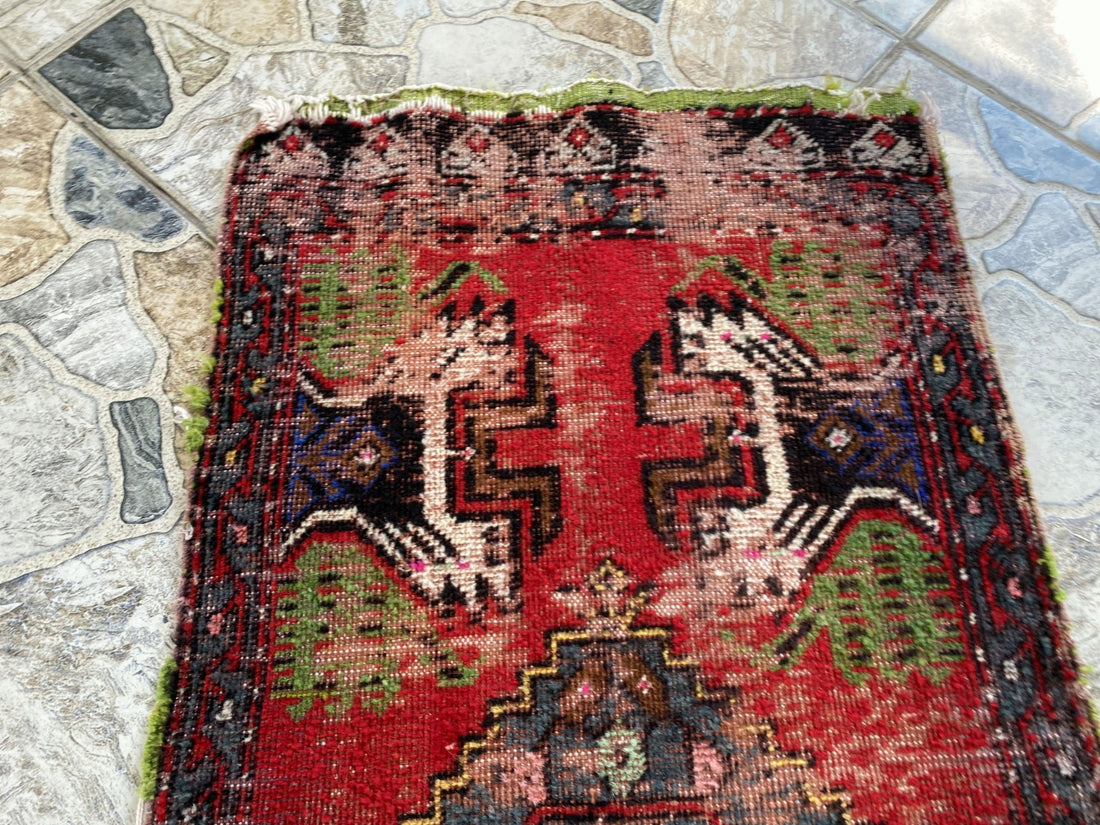 Vintage Turkish Small Rug | 1.6 x 3.3 ft Hand-Knotted Wool | Red Geometric Mat