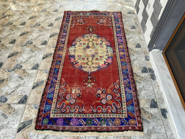 Geometric Turkish Vintage Rug, Tribal Handmade Anatolian Village Rug 3.3x6.8 ft