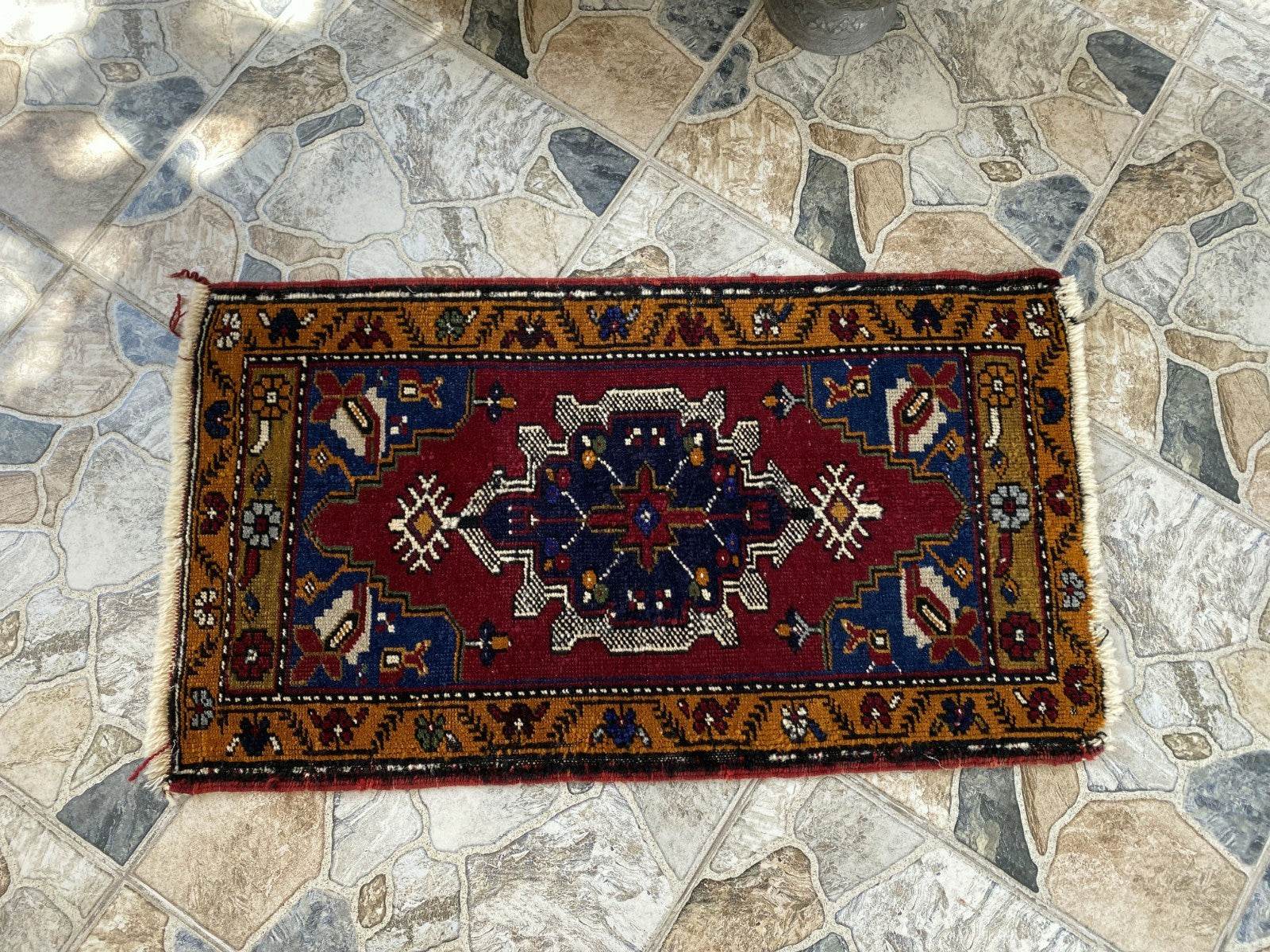 Small Anatolian Rug | 1.7 x 2.9 ft Vintage Hand-Knotted Wool Faded Geometric Rug